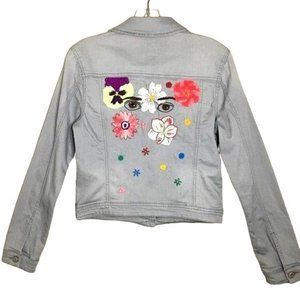 Kensie Gray Jean Jacket Custom Handmade Embroidered Flowers Eyes Sm